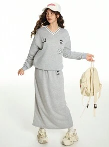 Bộ 2 chiếc áo nỉ in họa tiết cổ chữ V thời trang dạo phố cho bé gái tuổi teen và váy hoodie dây rút thoải mái, thích hợp mặc thường ngày - Xám - Xem 1