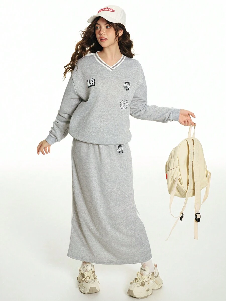 Bộ 2 chiếc áo nỉ in họa tiết cổ chữ V thời trang dạo phố cho bé gái tuổi teen và váy hoodie dây rút thoải mái, thích hợp mặc thường ngày - Xám - Xem 1