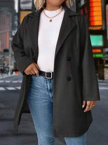 SHEIN LUNE Plus Size Solid Color Double Breasted Overcoat, Casual For Autumn/Winter - Dark Grey - View 5