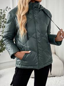 EMERY ROSE Women Winter Hooded Zipper Pockets Down& Feathers Jacket - Green - View 4