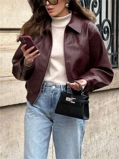 Chaqueta de mujer de PU, bomber casual y holgada para otoño/invierno