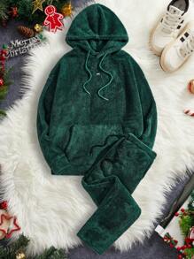 Manfinity VCAY 2pcs Men's Knit Fleece Hoodie And Straight Leg Casual Pants Set, Suitable For Autumn/Winter, Christmas