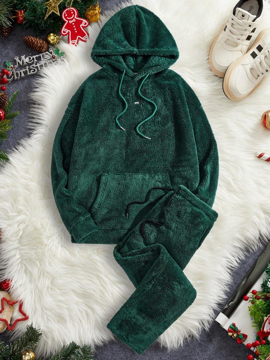 Manfinity VCAY 2pcs Men's Knit Fleece Hoodie And Straight Leg Casual Pants Set, Suitable For Autumn/Winter, Christmas