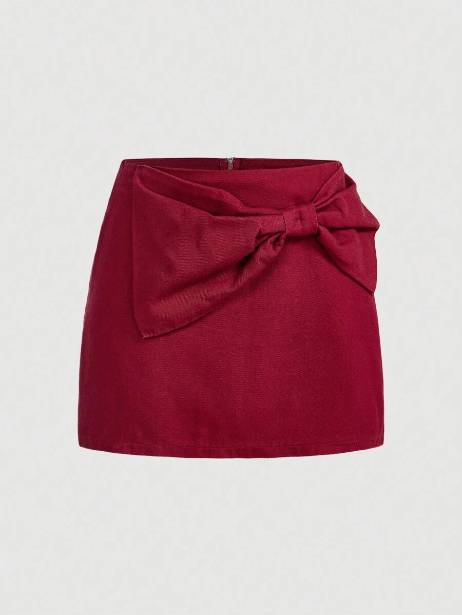 SHEIN MOD Söt mini Röd Jean-kjol för kvinnor med rosett, julrosett, vinterkläder för kvinnor, röd minikjol, julklänning för kvinnor, julkjol, julfest damkjol, nyårskjol, julkläder, vinröd kjol med rosett - Röd - Visa 1