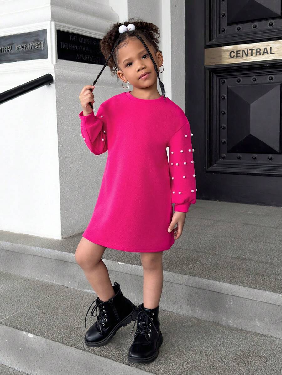 SHEIN Young Girl Casual Versatile Soft Knitted Beaded Round Neck Drop Shoulder Dress - Hot Pink - View 1