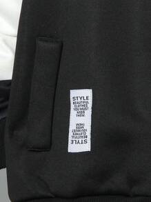 2 件套年轻男孩秋冬时尚服装：拉链连帽夹克，配色块设计、仿口袋和字母装饰，搭配带条纹饰边的保暖内衬运动裤，适合休闲、学校、活动、保暖 - 黑色 - 查看 8