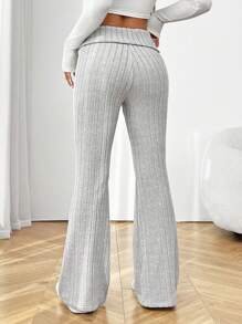 SHEIN PETITE 复合绒宽腰紧身弹力女士打底喇叭裤秋冬季保暖 - 灰色 - 查看 2