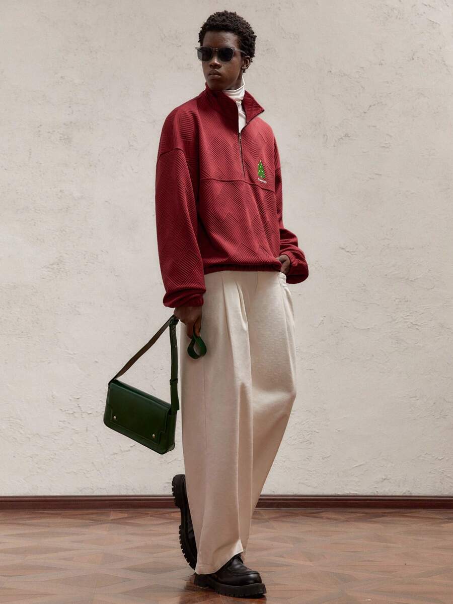 AKNOTIC Party Christmas Men's Knitted Loose Fit Crew Neck Christmas Tree Print Pullover Sweatshirt, Red With Metallic Zipper, Ribbed Cuffs And Hem, Suitable For Christmas, New Year, Daily Wear, Autumn/Winter - Burgundy - View 1