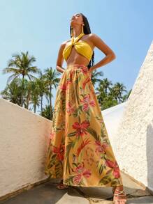CAJUNI Women's Boho Tropical Print Maxi Skirt, Vacation Casual Summer