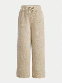 Tween Girls Solid Color Teddy Fleece Drawstring Waist Teddy Wide Leg Pants 2Pieces/Set, Warm For Autumn Winter - Multicolor - View 3