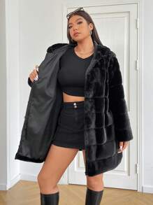 SHEIN EZwear 冬季大码女式黑色毛绒休闲夹克 - 黑色 - 查看 9