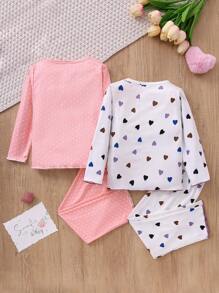 2 sets de 4 piezas cada , blusas de manga larga con estampado de corazones a lunares rosados y blancos, y pantalones largos - Pijamas cómodos y casuales para niñas jóvenes