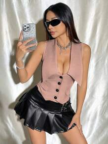 SHEIN Unity Casual Commuting Front Button Fitted Sleeveless Suit Jacket - Dusty Pink - View 4