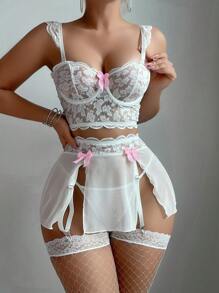 5pcs Set: Lace Splice Mesh Ruffle Strap Bow Bra Top + G-String + Slit Suspender Skirt + 2pcs Stockings, Sexy Bow Tie