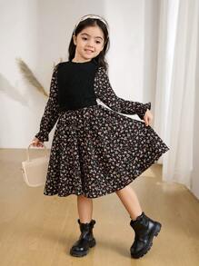 SHEIN Young Girl Ditsy Floral Stand Collar Casual Long Sleeve Dress Young Girl Dresses Black - Black - View 1