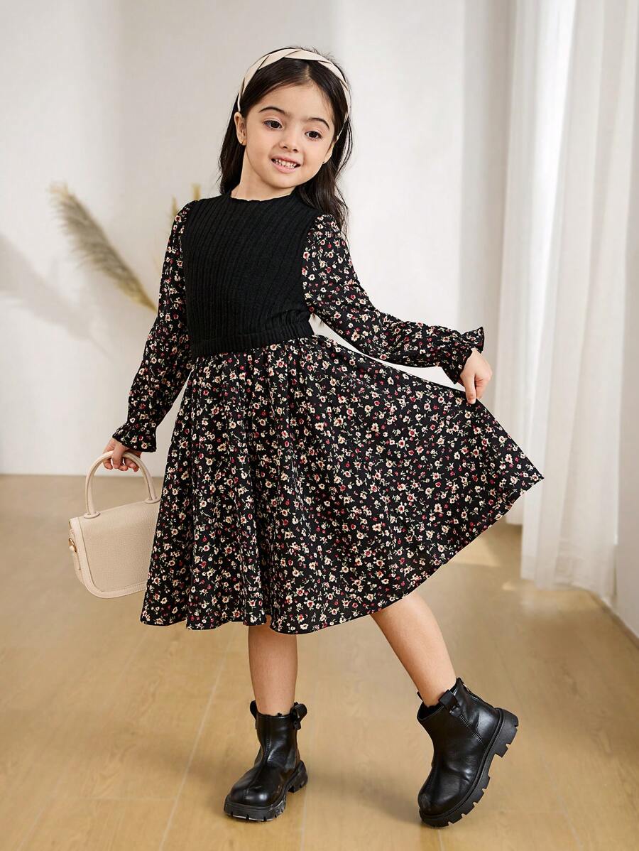 SHEIN Young Girl Ditsy Floral Stand Collar Casual Long Sleeve Dress Young Girl Dresses Black - Black - View 1
