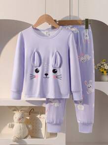 2pcs/Set Young Girl Cute Fun Yellow Long Sleeve Top & Long Pants With 3D Rabbit Ears Homewear Sets, Comfortable Stretchy - Purple - View 1