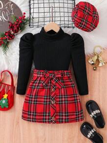 SHEIN Tricou cu mânecă lungă cu gât roscat pentru fete tinere + fustă mini în carouri roșu verde de Crăciun + set de pălărie beretă, stil casual Preppy, potrivit pentru toamnă/iarnă, excelent pentru ținute ocazionale și zilnice și școală zilnic toamna și iarna, pentru Crăciun, fete Haine de iarnă, haine de Crăciun, haine de petrecere, îmbrăcăminte zilnică școală zilnică, haine de zi de naștere, haine de prințesă, potrivire pentru mama și fiica și surorile