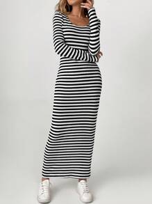 SHEIN Tall Women's Round Neck Striped Long Dress For Autumn & Winter - Black and White - View 5