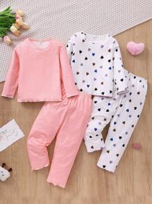 2 sets de 4 piezas cada , blusas de manga larga con estampado de corazones a lunares rosados y blancos, y pantalones largos - Pijamas cómodos y casuales para niñas jóvenes