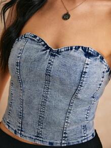 Poéselle Sexy Short Cropped Elastic Denim Strapless Top In Blue - Medium Wash - View 4