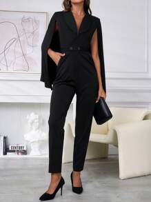 SHEIN Clasi 1 bộ đồ liền thân cổ khăn choàng hai hàng khuy màu trơn dành cho nữ, thanh lịch khi đi làm - màu đen - Xem 3