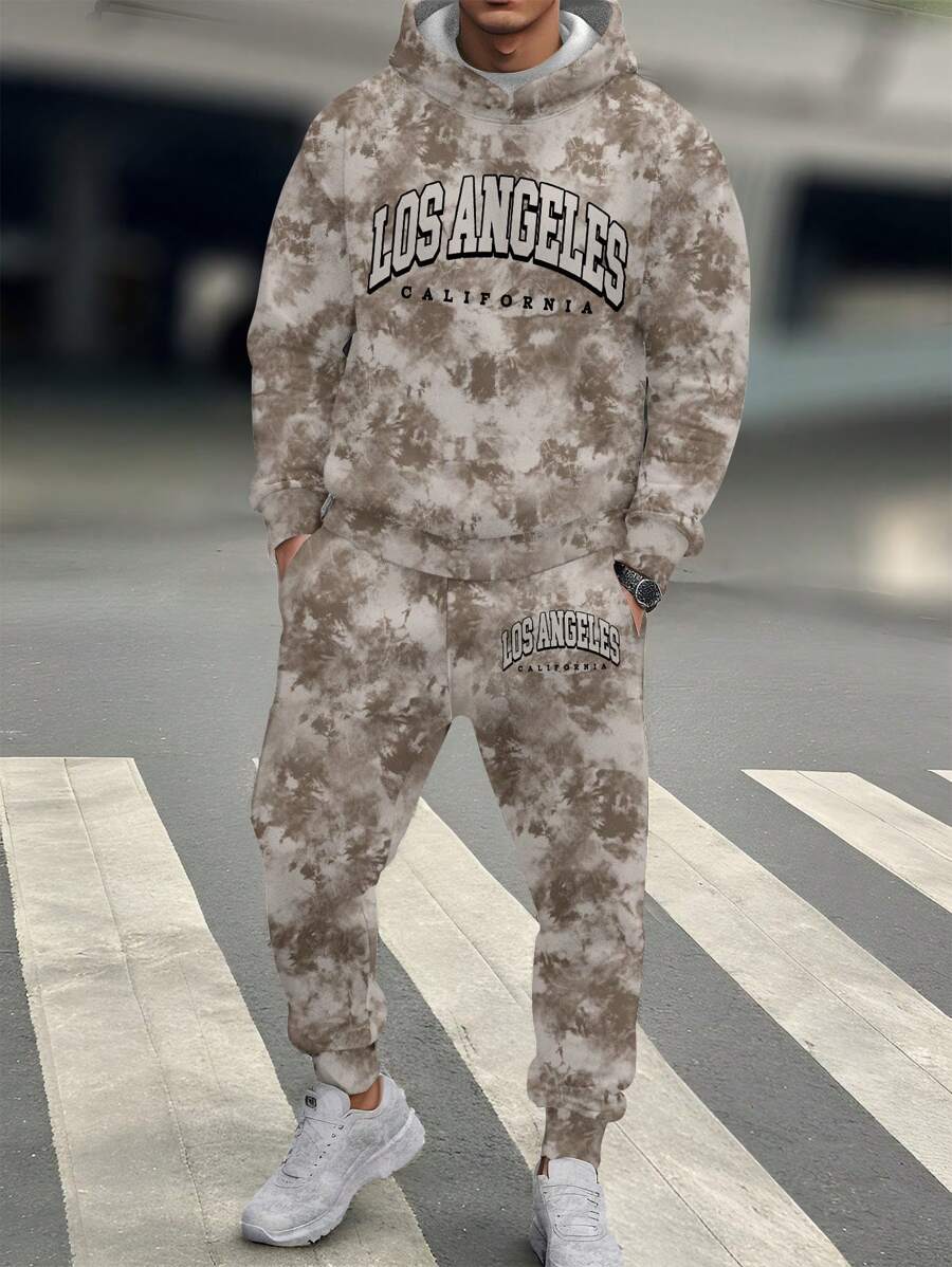 SHEIN 2 件男童休闲简约扎染字母图案宽松连帽衫套装，适合秋冬季 - 彩色 - 查看 1