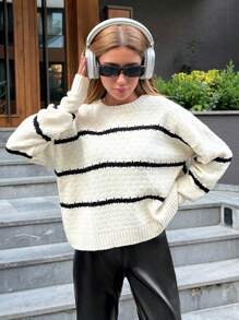 EURMUSE Autumn/Winter Casual Loose Drop Shoulder Contrast Color Striped Sweater - Black and White - View 3
