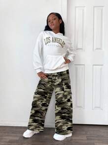 2pcs Tween Girl Letter Pattern Hooded Pouch Sweatshirt & Camouflage Jogger Pants Set, Casual - Army Green - View 4