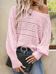 SHEIN LUNE Áo len chui đầu dài tay cổ bẻ màu trơn không đối xứng - Hồng - Xem 4