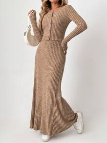 SHEIN Tall Bộ đồ thường ngày dành cho nữ, áo khoác dài tay màu trơn có gân, hàng khuy đơn và chân váy dài midi, mùa thu - màu nâu - Xem 5