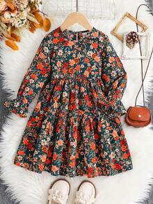 Emery Rose Kids Emery Rose Kids Young Girl Young Girl Twins Girl Ditsy Floral Round Neck Puff Sleeve Fitted Casual Cake A-Line Dress,Autumn Winter New Arrival,Young Girl ,Mommy & Sisters & Me Matching.Back To School Fall - Multicolor - View 6
