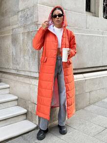 RueChic EXTRA LONG PADDED WINTER ORANGE SPORTY HOODED COAT - Burnt Orange - View 4