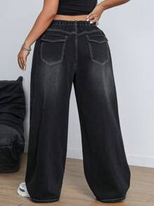 SHEIN ICON Women Plus Size Casual Washed Embroidered Loose Wide Leg Jeans Pants - Black - View 2