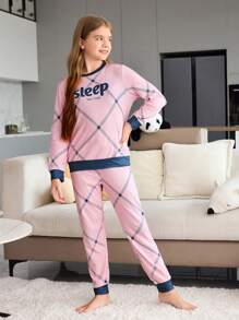 SHEIN Bộ đồ thường ngày 2 món cho bé gái tuổi teen - Bộ quần áo dài tay in họa tiết hình thoi & chữ cái tiếng Anh, mặc ở nhà thoải mái - Hồng - Xem 6