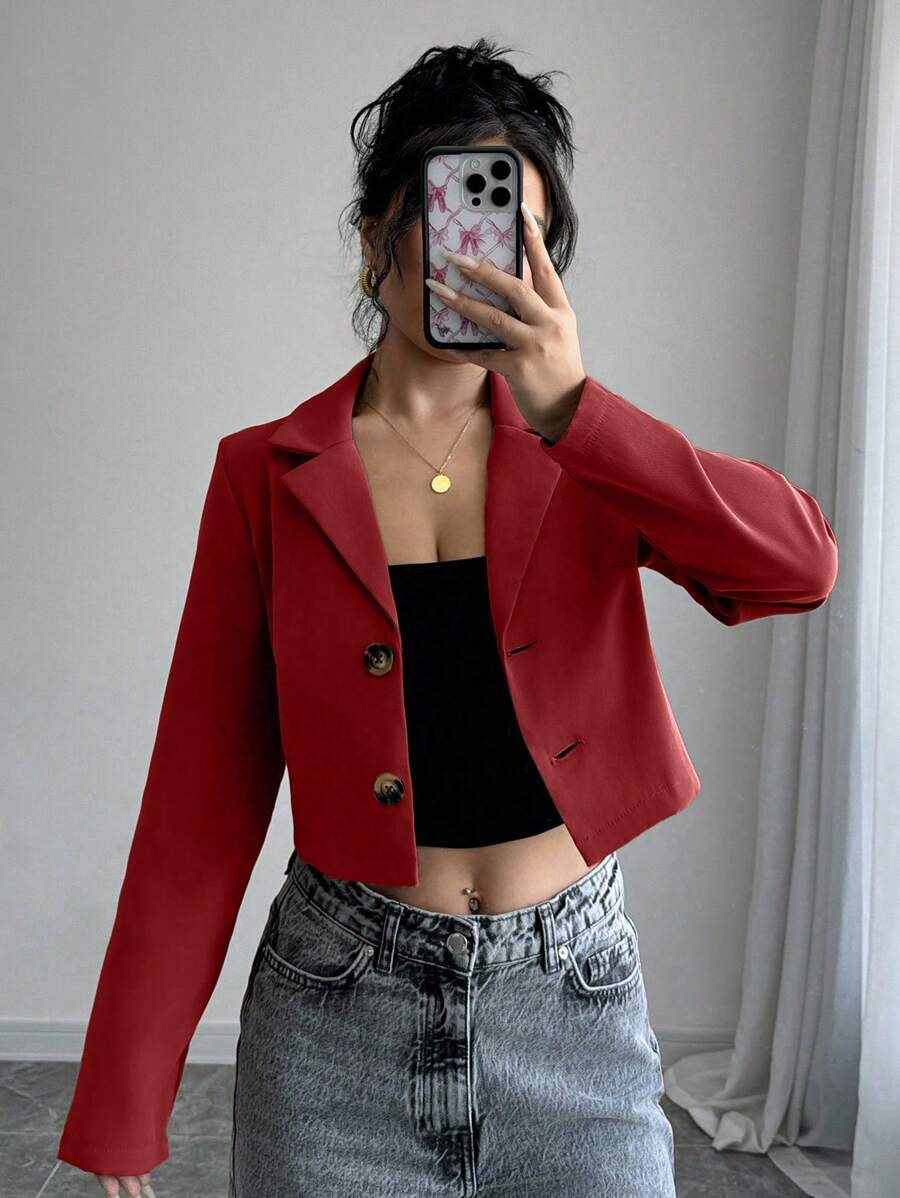SHEIN Unity Women Short Single Button Camel Long Sleeve Blazer Jacket ...