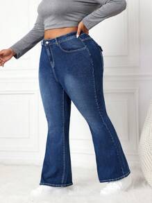 SHEIN CURVE+ 大码性感紧身弹力喇叭牛仔裤，蓝色