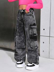 SHEIN 少女Y2K时尚纯色水洗翻盖口袋褶裥阔腿工装牛仔裤，秋季街头风 - 黑色 - 查看 4