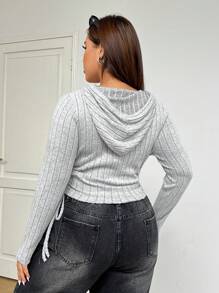 SHEIN EZwear Plus Size Women Gray Ribbed Drawstring Hooded Casual Long Sleeve T-Shirt, Autumn