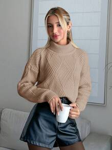 EURMUSE Women Solid Color Diamond Pattern Turtleneck Pullover - Camel - View 5