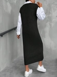 EURMUSE Váy len không tay cổ chữ V dệt kim màu trơn - màu đen - Xem 2