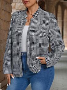 EMERY ROSE 大码休闲优雅格子翻领前开襟夹克，女士冬季服装 - 彩色 - 查看 5