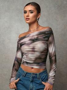 SHEIN BAE Women Tie-Dye Print Off Shoulder Long Sleeve Cropped Fashion Blouse, Autumn