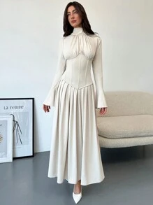 Aloruh Váy xòe tay chuông cổ cao xếp nếp cho nữ, thanh lịch - Màu be - Xem 3