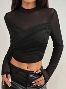 SHEIN Unity Women Solid Color Round Neck Long Sleeve Cross Splicing Mesh Slim Cropped T-Shirt Fall Cloth For Women - Black - View 4