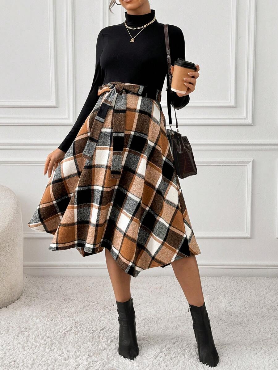 Cheriluna Maternity Maternity Rib Pattern Plaid Print Tie Waist Long Sleeve Dress, Waist Dress, Autumn/Winter - Multicolor - View 1