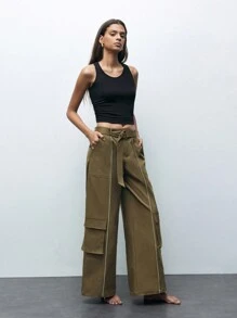 Maija Women's Loose Fit Wide Leg Casual Pants With Pockets - Brown - View 2