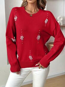 EMERY ROSE Casual Comfortable Soft Pearl Embellished Sweater For Women For New Year Clothes Knit Pullover Fall Winter Outfit