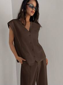 Aloruh Women's V-Neck Single Breasted Loose Casual Blazer Jacket, Autumn/Winter - Coffee Brown - View 3