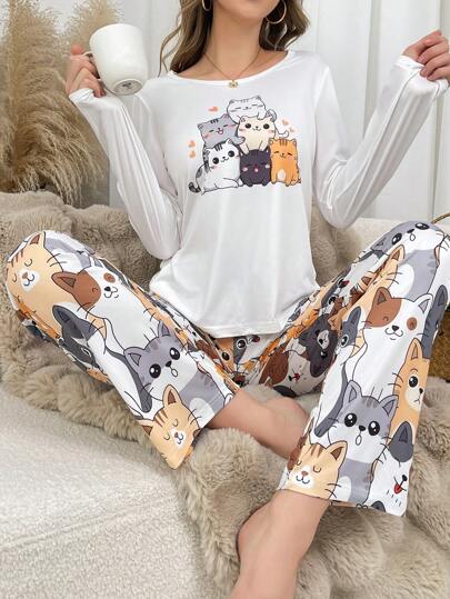 Schattige Cat Print Women Pajama Set, Fall Clothes Cozy Elegante